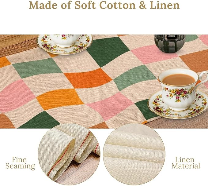 Hippie Table Runner, Vintage Geometric Square Orange Green Pink Grid 60s 70s Style Kitchen Dining Room Decor for Indoor Outdoor Wedding Party Table Runner 13x36 Inch