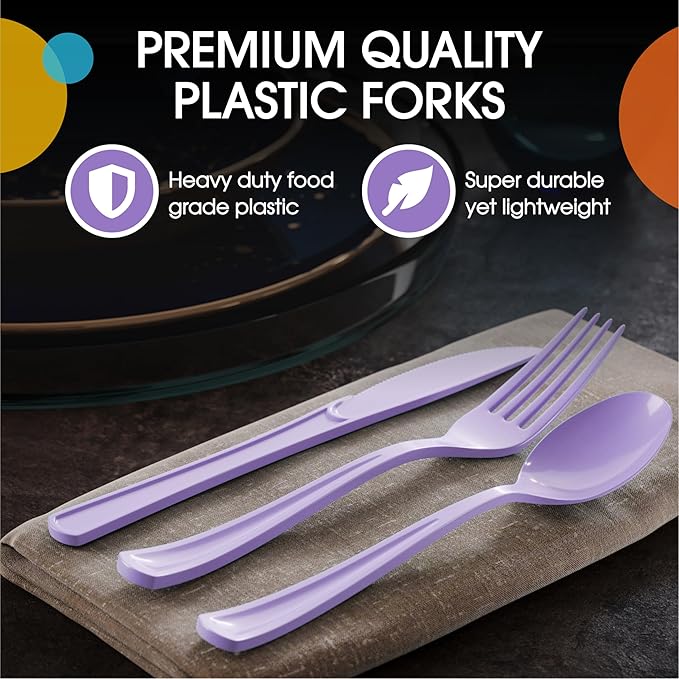 Plastic Cutlery Set, 300 Pieces, Lavender Disposable Forks, Spoons and Knives