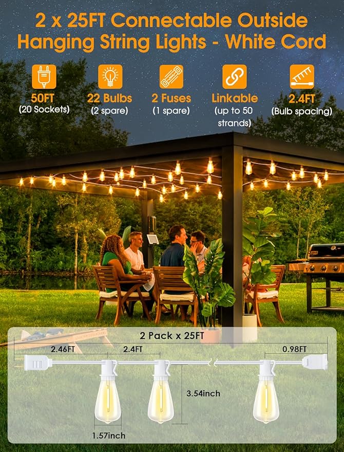 String Lights, 50 FT Outdoor Edison Bulbs, Warm White 2700K
