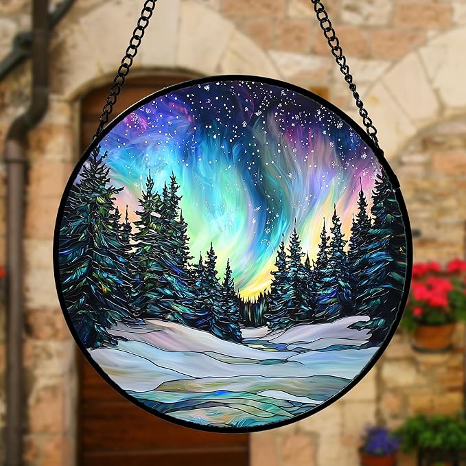 Stained Glass Window Hanging, Aurora Landscape Sun Catchers Glass Panel Green Trees Suncatcher Decor for Birthday for Women, Men, Wife, Aunt, and Mom 11.8x11.8 in