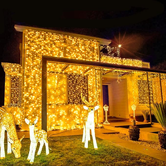 String Lights, 168 ft Warm White LED Outdoor Lights with Remote and Timer