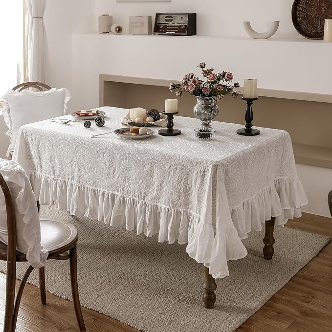 patdrea Vintage Ruffle Tablecloth for Rectangle Tables,Farmhouse Embroidered Cotton White Lace Table Cloth Cover Decor for Dining Room Wedding Banquet Thanksgiving Christmas,67"*114"
