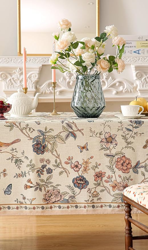 Rectangular Linen-Blend Tablecloth, 55 x 79 Inch with Floral Design