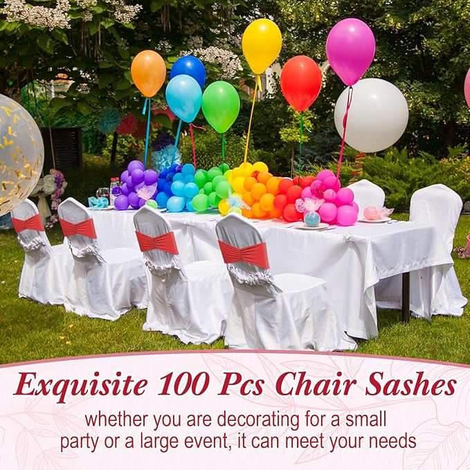 Moukeren 100 Pcs Spandex Chair Sashes Bows Bands Slider Sashes for Chair Covers Elastic Bands Ties Ribbon Decorations for Wedding Party Events Ceremony Birthday Banquet(Red)