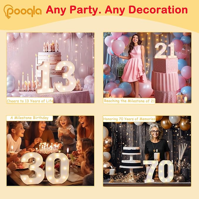Pooqla Decorative Led Light Up Number Letters, White Plastic Marquee Number Lights Sign for 60th Birthday Party Wedding Decor Battery Operated Number (60)