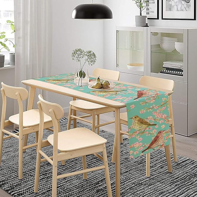 Table Runner with Flowers and Birds, Spring Plant Flowers Table Decoration Linen Table Runner Family Party Party Decorations 13x70 Inches