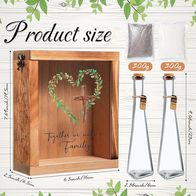 Vases Wedding Sand Ceremony Set, Wood Frame, 2 Glass Vases, White and Gray Sand