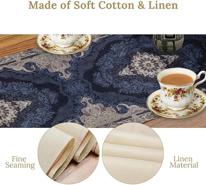 Vintage Boho Floral Table Runner, Rustic Country Farmhouse Dark Blue Grey Retro Flower Pattern for Home Kitchen Table Decor Dining Coffee Room Party Decor 13x36in