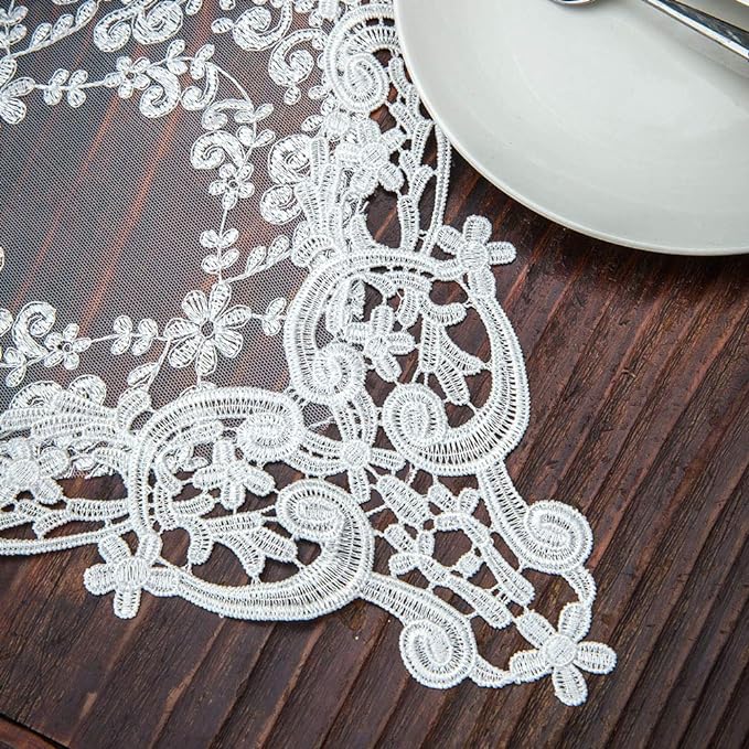 ARTABLE Rectangle Table Runner Lace Macrame Embroidered Table Runners with Exquisite Vintage Shabby Chic for Holiday Wedding Long Dinner Tables (White, 12 x 70 Inch)