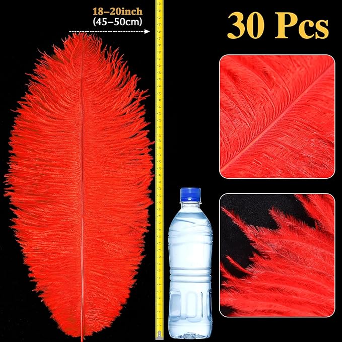 Retrowavy 30 Pcs 18-20 Inch Large Natural Ostrich Feathers Bulk for Centerpieces for Wedding Party Centerpieces Home Decoration Flower Arrangement (Red)