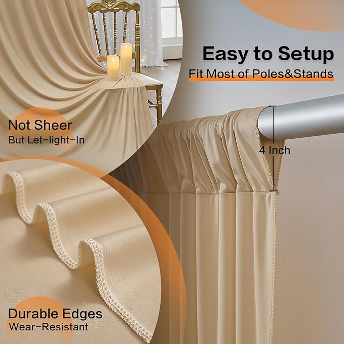 60×14 ft Wrinkle Free Beige Backdrop Curtain for Weddings Parties, 12 Panels 14ft Silky Polyester Wedding Drapes Backdrop Photo Back Drop Cloth for Birthday Baby Shower Photography Backgrounds