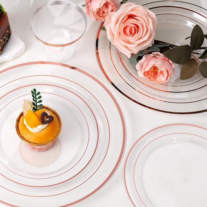 Plates Set, Clear Rose Gold Plastic, 600 Pieces for 100 Guests