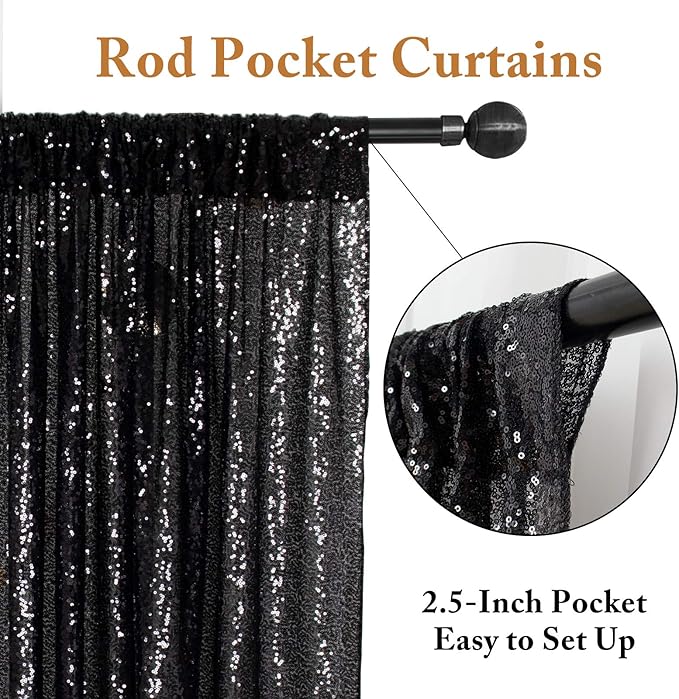 ShinyBeauty Sequin Curtains 4 Panels Black Backdrop Curtain Sequin Backdrops Sparkle Fabric Shimmer Photo Background for Halloween Parties Decor (2FTx8FT)