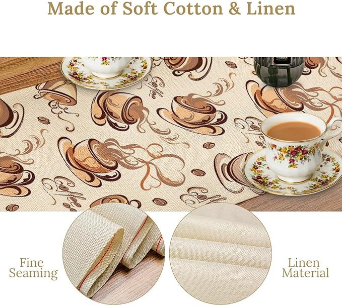 Coffee Time Table Runner, Farmhouse Retro Coffee Cup Tea Party Cafe Table Center Decor for Home Kitchen Dining Patio Holiday Party Indoor Outdoor Table Decorations,13"x72" Inch