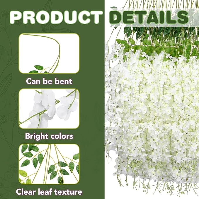Wisteria Hanging Flowers,Fake Hanging Flowers,Wisteria artificiales Garland for Home Wedding Arch Floral Party Garden Ceremony Outdoor Decor,3.6 feet Long(12,White)