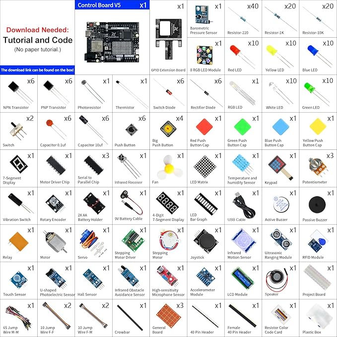Freenove Complete Starter Kit with Board V5 Rev4 WiFi (Compatible with Arduino IDE), Arm Cortex-M4 Microcontroller, Onboard ESP32-S3, 474-Page Detailed Tutorial, 343 Items, 90 Projects