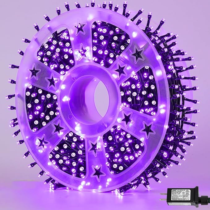 YEGUO 165ft 500 LED Halloween Lights Outdoor Waterproof, 8 Modes Purple String Lights Plug in, Green Wire Christmas Lights Indoor with Timer Memory