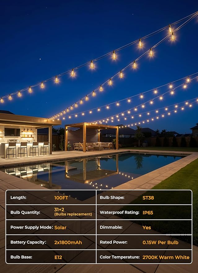 String Lights, Solar Powered 100 FT Outdoor Set with 31 Bulbs and Remote