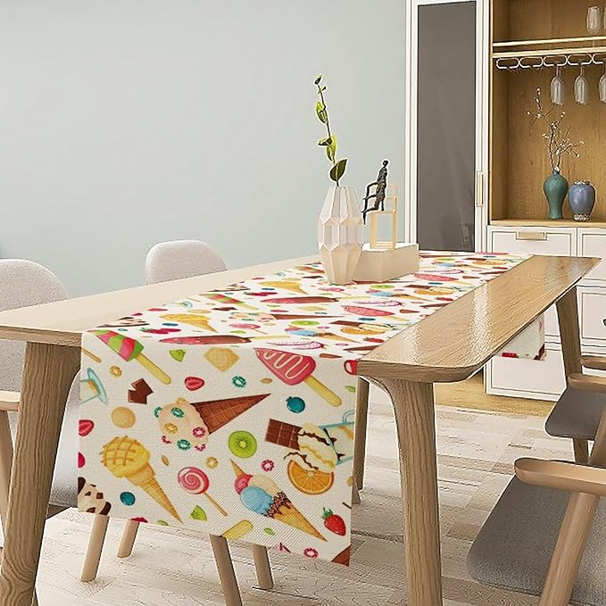 Ice Cream Table Runner, Fruit Ice Popsicles Cold Summer Desserts Seasonal Dinner Runner for Party Holiday Home Kitchen Dining Table Decor 13"x108"