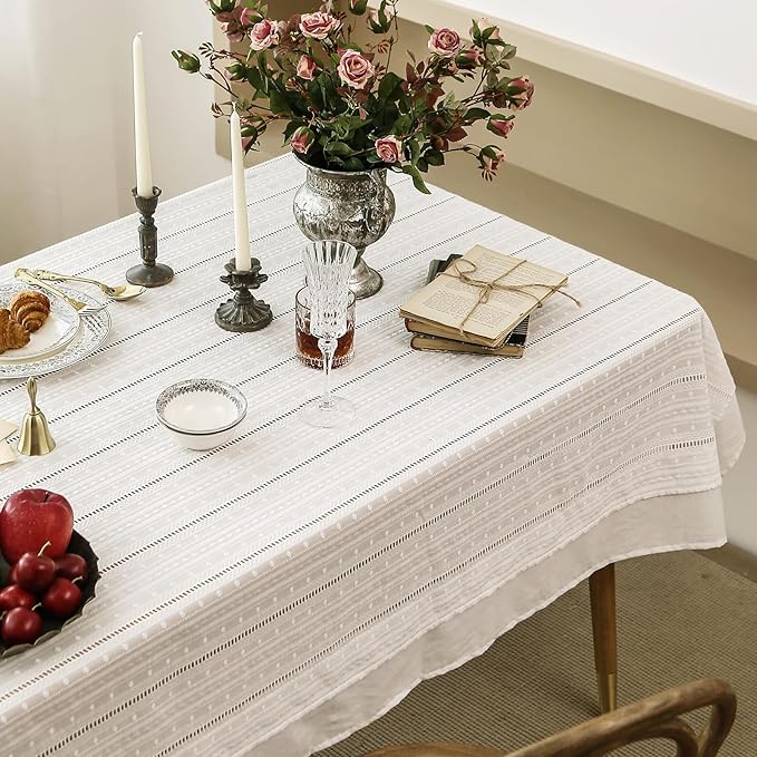 patdrea Designer Vintage Cotton White Lace Tablecloth for Rectangle Tables,French Country Cottage Embroidered Table Cloth Art Decor for Kitchen Wedding Patries Banquet Christmas,59"*83"
