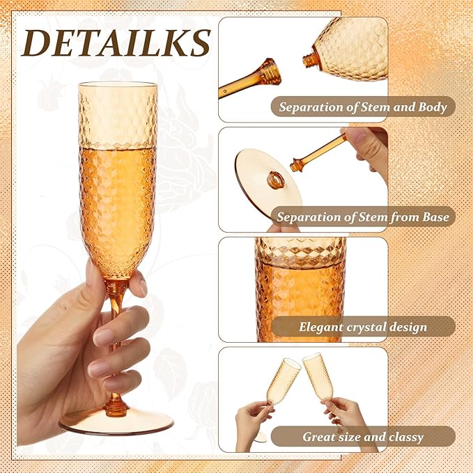 Champagne Glasses, 24 Pack 5.5 oz Plastic Flutes with Removable Stems