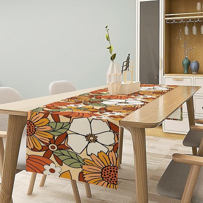 Vintage Floral Table Runner,Boho 70s Style Retro Flower Table Cloth Kitchen Dining Table Home Party Decoration 13x120 Inch