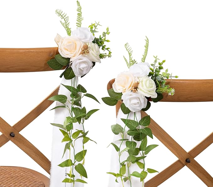Artificial Pew Flowers, Set of 10, White Roses with Ivory Chiffon Ribbons