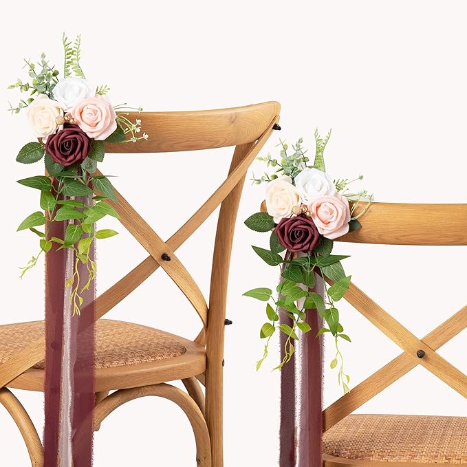 Artificial Flowers Set of 10 Burgundy Wedding Pew Decor with Roses