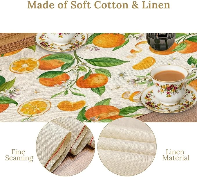 Spring Summer Orange Table Runner Vintage Citrus Lemon Fruit Mandarin Floral Dinner Runner for Farmhouse Baby Shower Party Holiday Home Kitchen Dining Table Decor 13x120