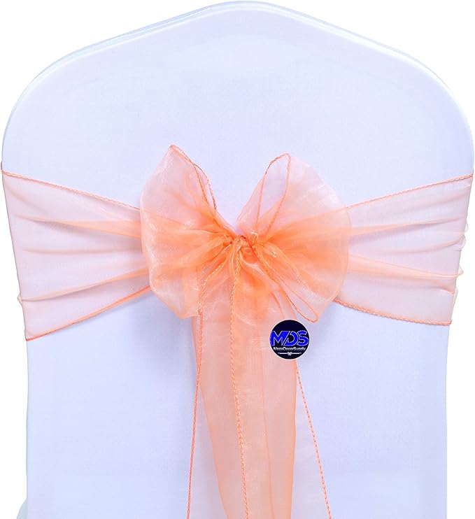 MDS Pack of 300 PCS Organza Chair Sashes Wider Dining Chair Bows Ribbon Tie Back for Wedding Party Birthday Bridal Shower Reception Event Banquet Home Chair Cover Decoration - Peach