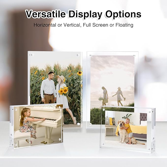 HOUSE DAY Acrylic Picture Frames 5x7, 2 Pack Magnetic 5x7 Picture Frame, Double Sided Clear 5 x 7 Photo Frame with Microfiber Cloth, Frameless FreeStanding 5x7 Frame Gift for Desktop Display