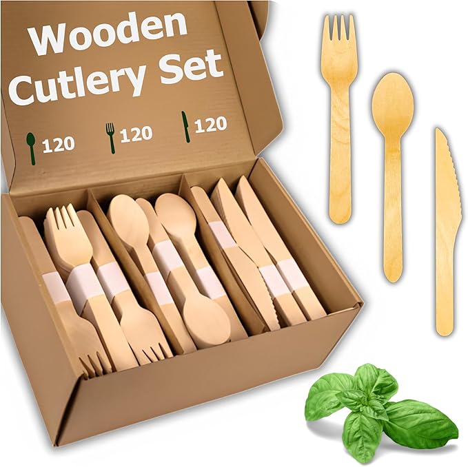 Disposable Wooden Utensils 360 Count, Natural Birchwood, Heavy Duty