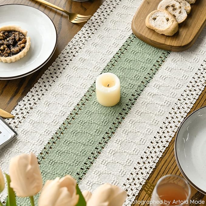Artoid Mode Light Green Farmhouse Rustic Table Runner, Seasonal Holiday Hollow Kitchen Dining Table Decoration for Home Party Decor 12x36 Inch