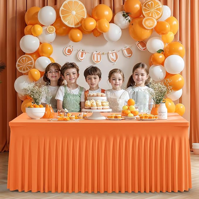 Wish Care 6 Pack Orange Spandex Table Clothes for 6 Foot Rectangle Tables, 6FT Wrinkle Free Fitted Tablecloths Ruffles Design Table Cover for Party, Banquet, Wedding and Events