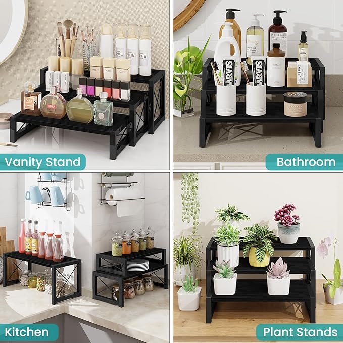 ELITEROO Black 3-Tier Wooden Cupcake and Dessert Display Stand, Multi-Tier Riser for Cupcakes, Food, Perfume, Makeup, Dolls, Collectibles, and Market Vendor Retail Shelf Organizer