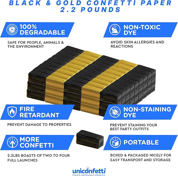 Confetti Paper, Black & Gold, Bulk Pack for Parties