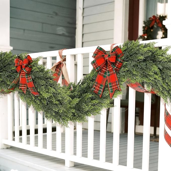 9FT Real Touch Cedar Garland - Artificial Christmas Garland Fake Green Faux Thick and Lush Pine Needles Garlands for Table Fireplace Mantle Holiday Home Indoor Outdoor Decor (2PCS)