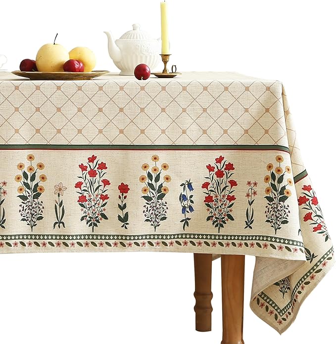 Tablecloth, Rectangular Floral 55 x 87 Inch, Linen-Polyester Blend