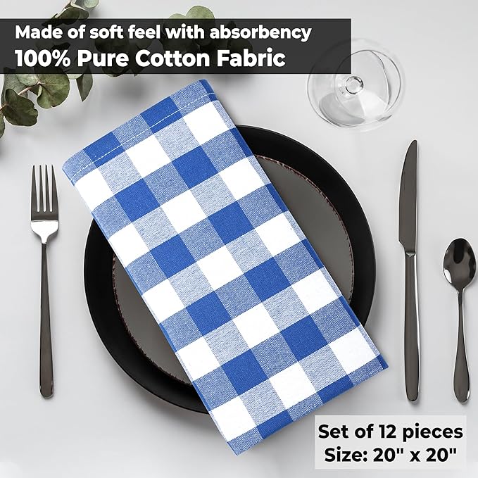 Cloth Dinner Napkins, Blue Checkered 100% Cotton, 20 x 20 Inch