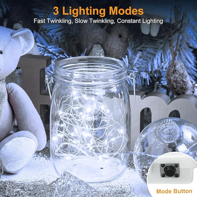 btfarm 50 Pack LED Fairy Lights Battery Operated [3 Modes] Twinkle Lights, 7FT 20 LED Mini String Lights Mason Jars Silver Wire Small Christmas Wedding Party, Cold White