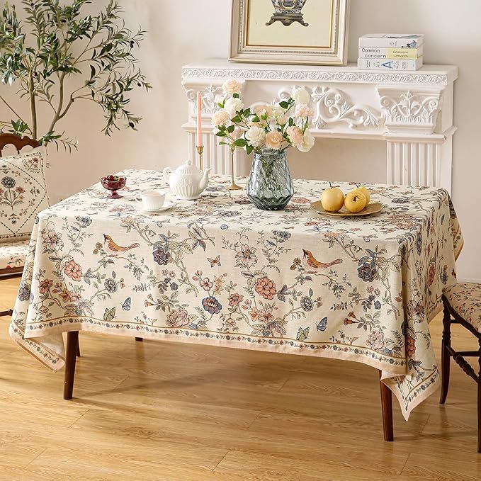 Tablecloth, Square Floral Linen-Polyester Blend, 67 x 67 Inch