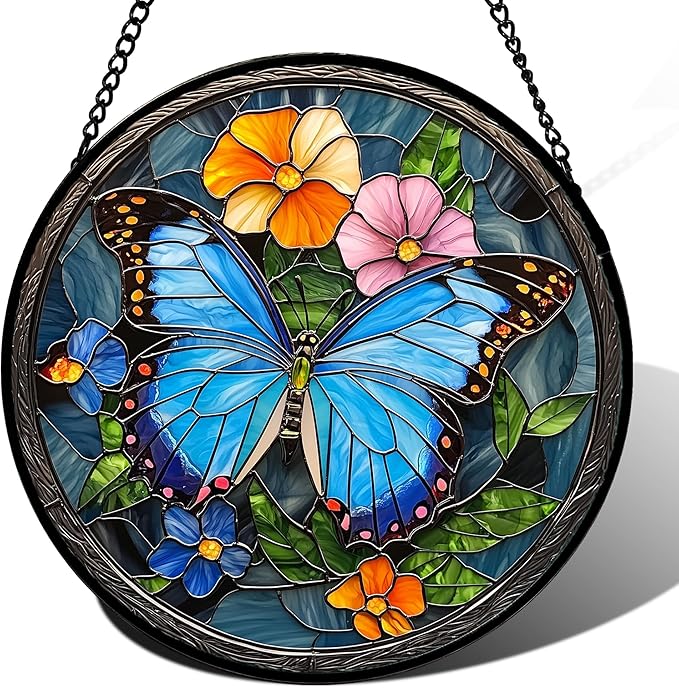 Stained Glass Window Hanging, Blue Butterfly Flower Suncatcher for Doors Home Sun Catchers Decoration and Christmas, Mother's Day Birthday Gifts for Women, Men, and Mom 14.9 in