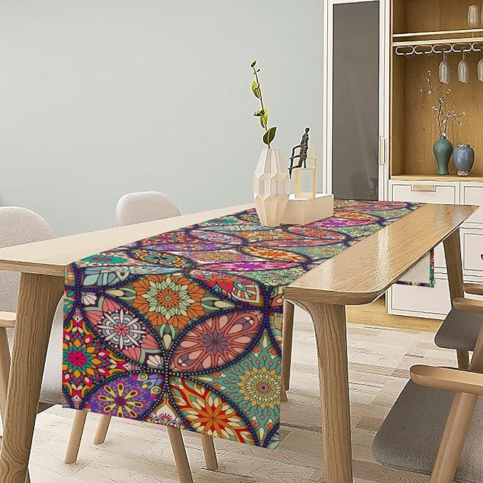 Boho Floral Table Runner,Colorful Flower Retro Bohemian Table Cloth Kitchen Dining Table Home Party Decoration 13x60 Inch