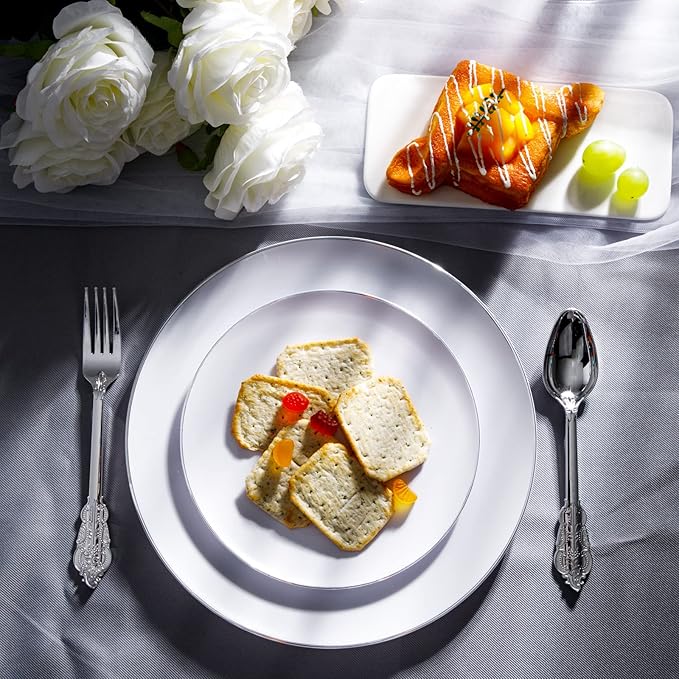 Plastic Plates with Silver Rims, 100 Count, Heavy Duty White