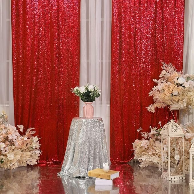 Red Sequin Backdrop Panels, Set of 2, 5 x 10 Ft Glitter Curtains