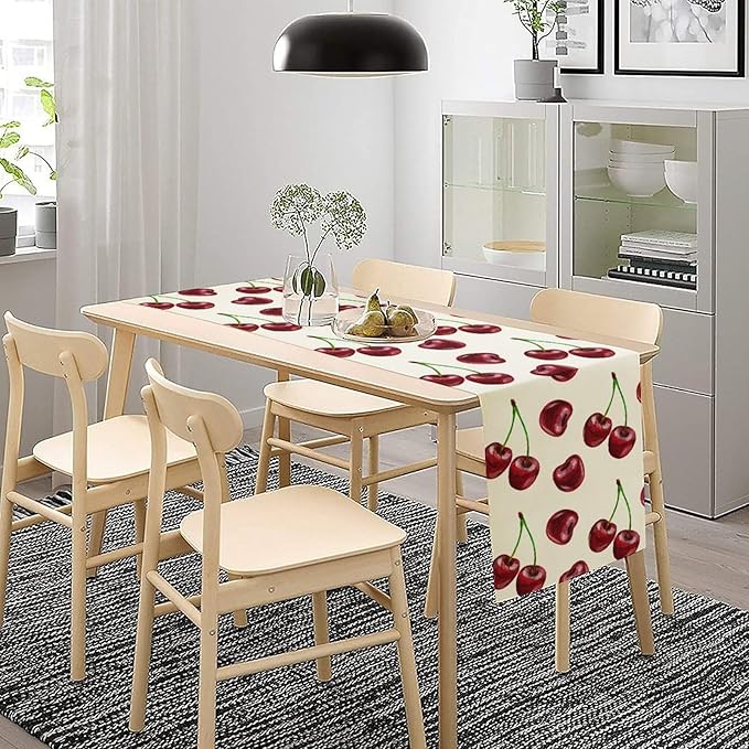 Red Cherry Table Runner Watercolor Spring Summer Wild Berry Tropical Fruit Theme Dinner Runner for Girl Baby Shower Party Holiday Home Kitchen Dining Table Decor 13x120