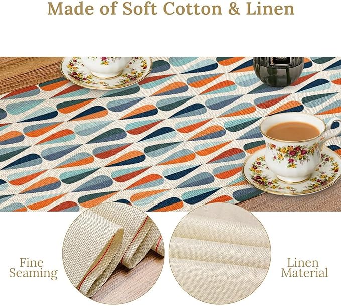 Mid Century Table Runner, Modern Style Retro Pattern Droplet Shapes Mosaic Tones Pattern Print for Home Kitchen Table Decor Dining Coffee Room Party Decor 13x36in