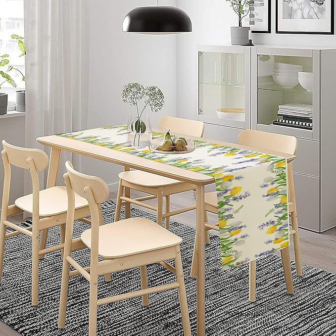 Floral Tulip Lavender Table Runner, Spring Watercolor Flower Plants Nature Butterfly Table Runner for Kitchen Dinner Living Room Home Party, 13x108 Inch