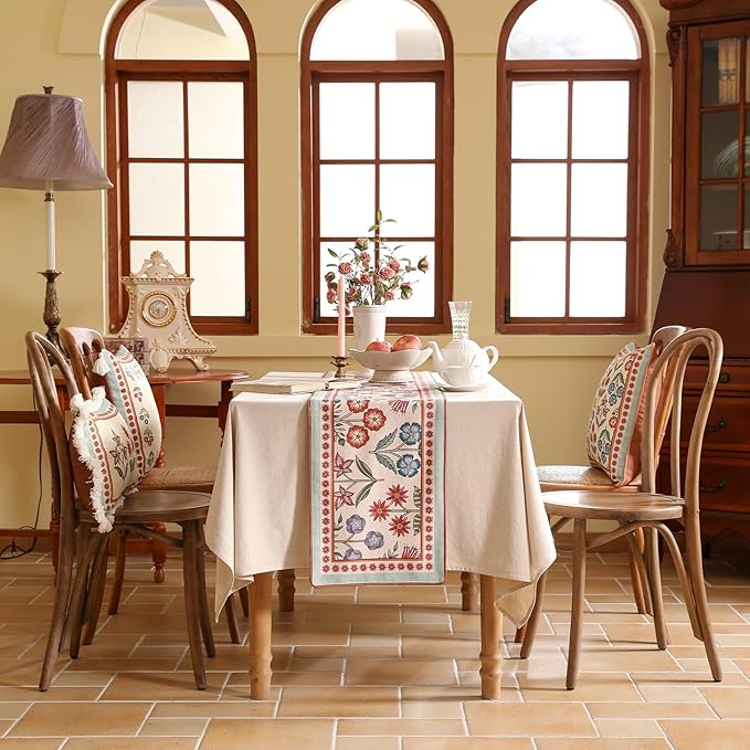 Decorative Linen French Table Runner 71 Inches Long,Green Floral Rustic Runner for Table Decor Tabletop Table Runners for Kitchen,Dining,Tea Party,Home,Christmas,12"*71"
