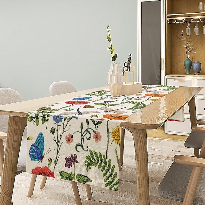Vintage Botanical Flowers Table Runner, Seasonal Summer Plants Florals Butterfly Dinner Runner for Home Kitchen Dining Table Party Holiday Decoration 13"x120"